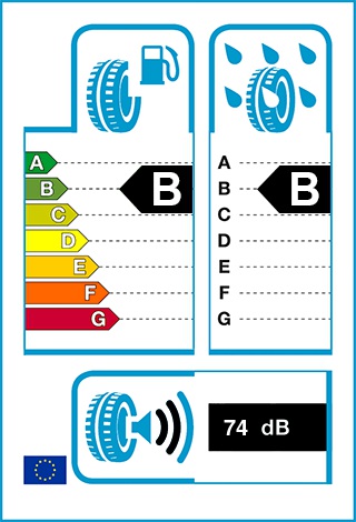 Üzemanyag-hatékonyság: B, Fékezés nedves úton: B, Gördülési zaj: 74 dB