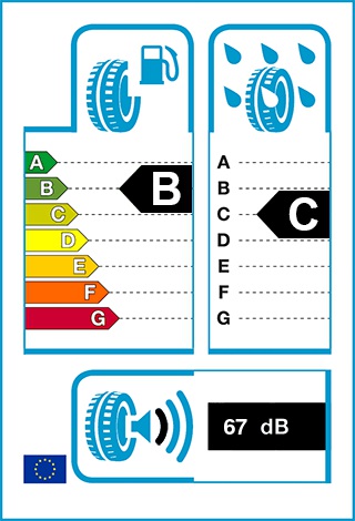 Üzemanyag-hatékonyság: B, Fékezés nedves úton: C, Gördülési zaj: 67 dB