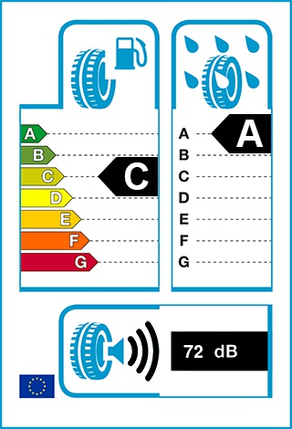 Üzemanyag-hatékonyság: C, Fékezés nedves úton: A, Gördülési zaj: 72 dB
